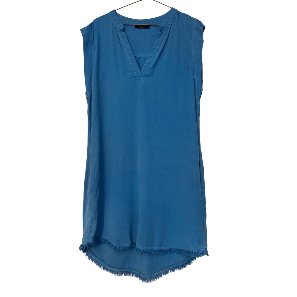 Maven West Blue Tencel Rayon Fringe Hem Sleeveless Shift Dress Womens Small
